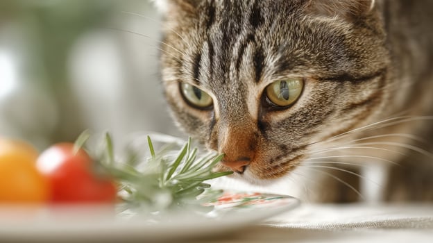Cat Explores Gourmet Food on a Porcelain Dish in a Softly Blurred Background, Capturing a Curious Moment of Feline Delicacy and Intrigue photo