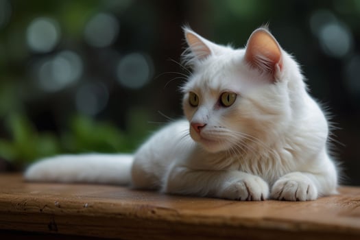 A white cat is sitting on a wooden table photo