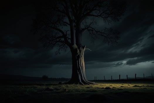 A lone tree in the middle of a field at night photo