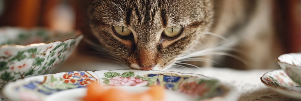 Cat Explores Gourmet Food on a Porcelain Dish With a Blurred Background in a Cozy Indoor Setting During a Relaxed Afternoon photo