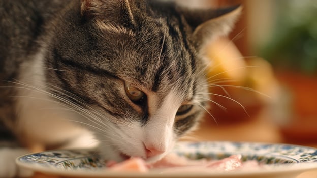 Cat Eagerly Sniffing Gourmet Food Served on a Delicate Porcelain Dish in a Softly Blurred Background, Creating an Enticing Atmosphere for Dining photo