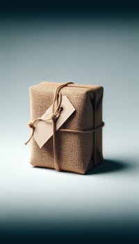 A brown box wrapped in burlap tied with string photo