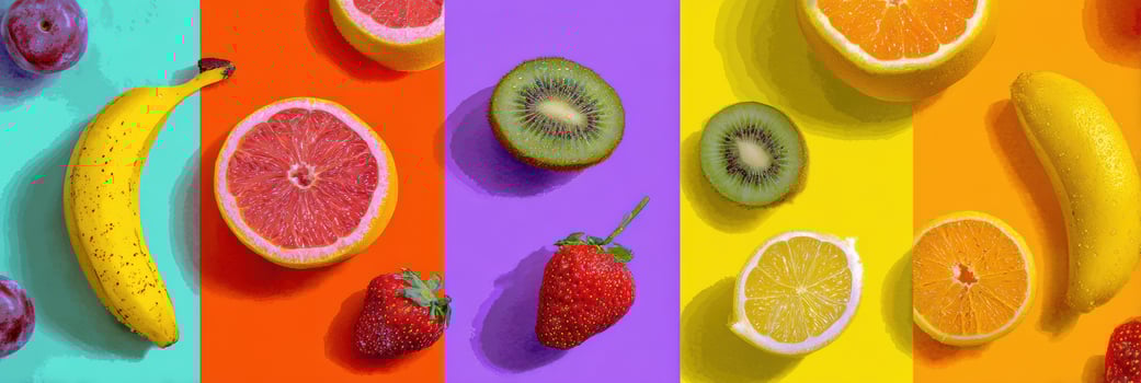 Colorful Summer Fruit Collage in Pop Art Style Showcasing Vibrant Fruits on a Bright Background photo