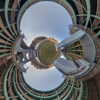 A circular view of a building with a large circular window photo
