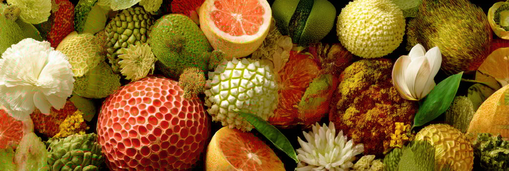 Vibrant Collage of Diverse Fruit Textures Showcasing Natures Beauty in Overlapping Patterns for a Magazine-Style Layout photo