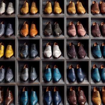 Rows of polished dress shoes in different colors and styles aligned on wooden shelves. Footwear showcases detailed craftsmanship, featuring brogue designs and varied hues for fashion enthusiasts photo