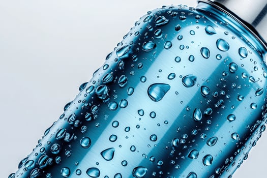 Close up of blue sleek metallic water bottle covered in condensation on light background photo