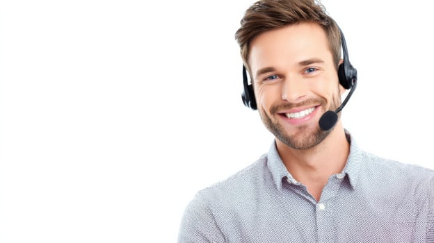Customer Support Agent With Headset Providing Assistance and Smiling in a Bright Office Setup photo