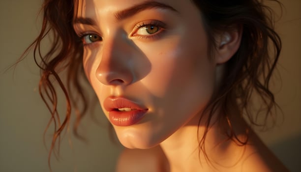 Closeup Portrait Woman with Curly Hair Warm Lighting photo