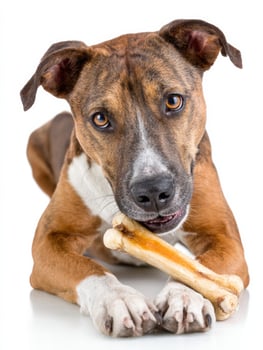 Dog Happily Chewing on a Bone in a Clean Space, Perfect for Showcasing Playful Pet Moments or Marketing Pet Supplies photo