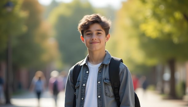Teenage Boy Backpack Student Campus Outdoors Fall Sunlight photo