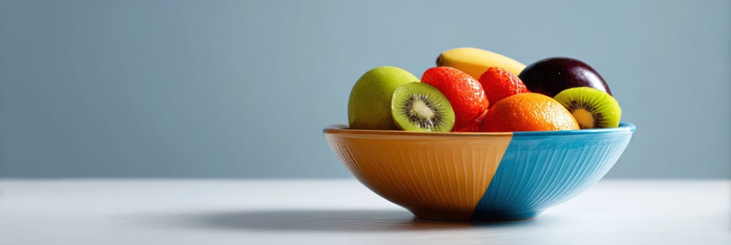 Colorful Fruit Bowl in Classic Still Life Arrangement With Vibrant Background and Clear Top Margin Showcasing Fresh Seasonal Fruits photo