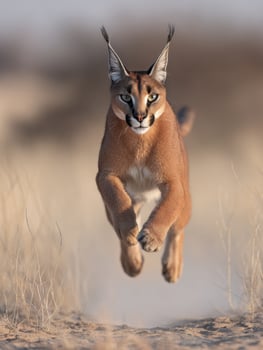 Caracal Leaps Gracefully Above Dusty Plains, Showcasing Agility and Speed in a Mid-Jump Action photo