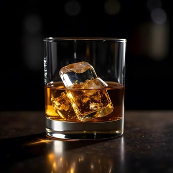 Glass of whiskey with ice cubes on dark background, photo