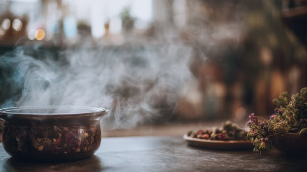 Cozy Kitchen With a Pot of Herbal Tea Steaming Gently, Inviting Warmth and Comfort During a Peaceful Afternoon photo