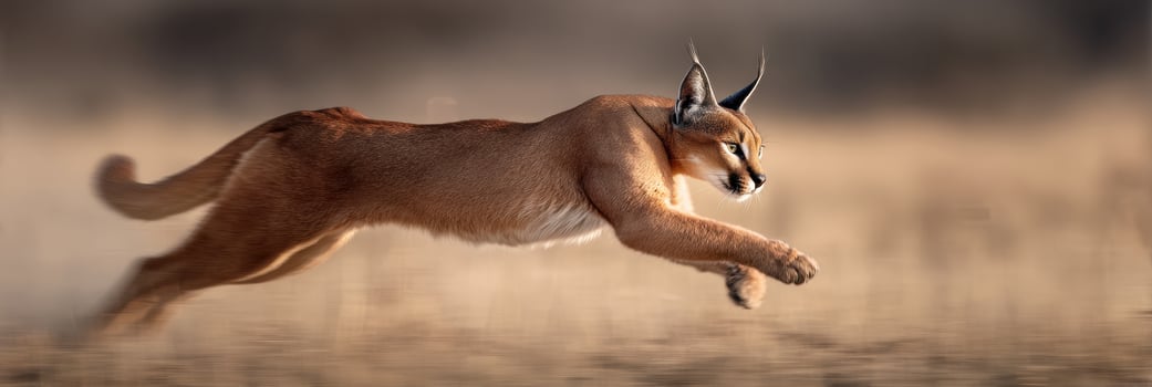 Caracal Leaps Gracefully Across Dusty Plains Showcasing Agility and Strength During a Vibrant Midday Exploration photo