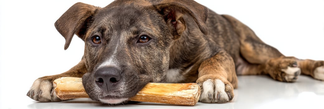 Dog Chewing on a Bone Over a Clean White Background With Ample Space for Text at the Top photo