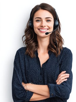 Customer Support Agent Wearing Headset, Smiling Confidently, With Positive Demeanor in Friendly Office Environment photo