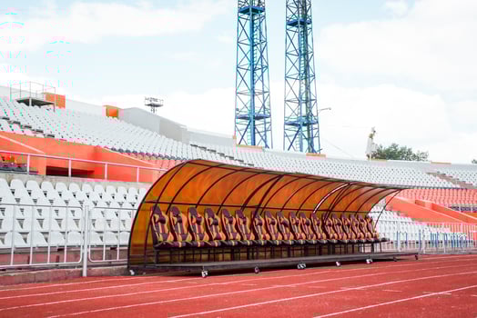 a team section at a football stadium. Karaganda multifunctional sports stadium,. Ideal for use in articles about sports infrastructure, urban development, or event planning photo