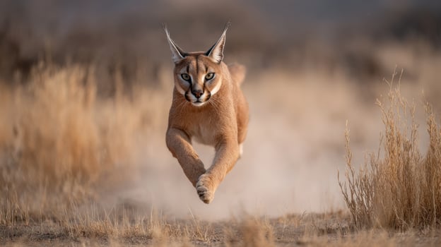 Caracal Leaps Gracefully Over Dusty Plains Capturing Motion in the Wild photo