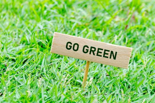 Wooden sign with GO GREEN on grass. Eco friendly encouragement. photo
