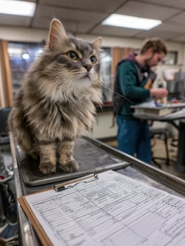 Cat is Weighed at Veterinary Office While Vet Records Important Health Data in an Open Treatment Area photo