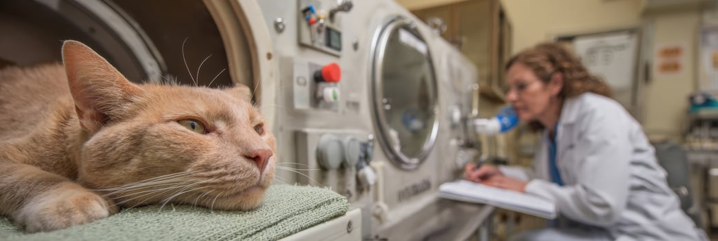 Cat Receiving Treatment in Oxygen Chamber With Veterinarian Monitoring Its Condition in a Clinical Setting photo