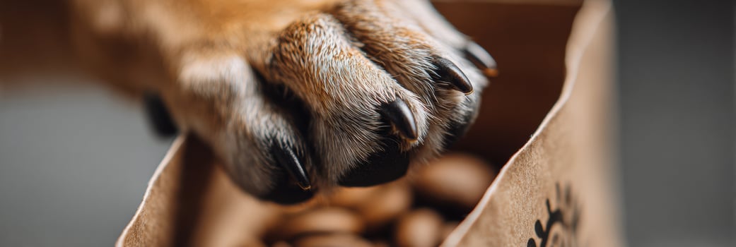 Dog Paw Reaching Into Treat Bag in a Clean Kitchen Setting While Searching for Snacks photo
