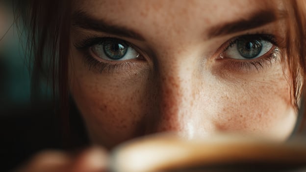 Emotional Eye Contact Shared Over Coffee in a Cozy Cafe Setting With a Clean Side Margin Creating a Contemplative Atmosphere photo
