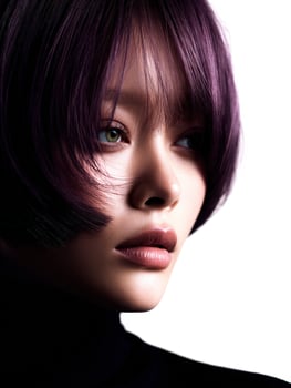 Woman with purple bob haircut looks to the side photo