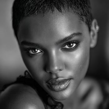 Portrait of a woman with short hair in black and white photo