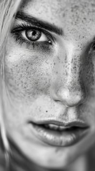 Woman's face with freckles in detailed monochrome portrait photo