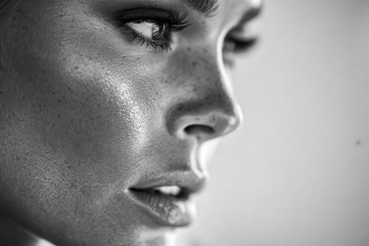 Woman's face in black and white shows soft expression and detail photo