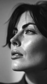 Black and white close-up of thoughtful woman with freckles photo