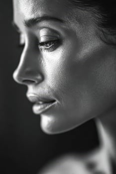 Young woman portrait in black and white looking down photo