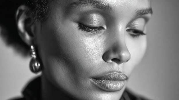 Young woman with earring looking down in black and white photo