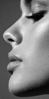 Close view of a person's face in black and white profile photo