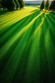 Lush green fairway with trees casts long shadows at Golf Course photo