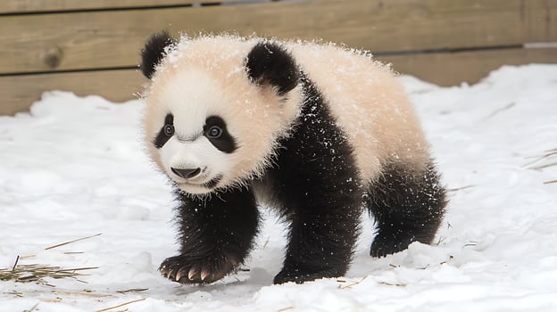 Adorable Baby Panda Walks Through Snow in Winter Wonderland. photo