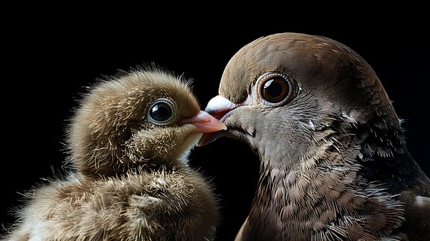 A Tender Moment Mother Pigeon Feeding Her Baby Bird Close Up. photo