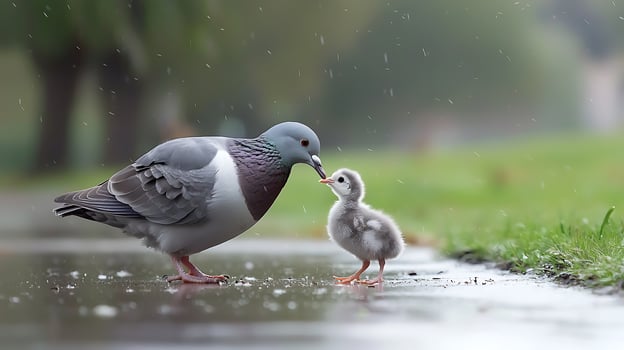 A mother pigeon feeding her chick during a gentle rain shower. photo