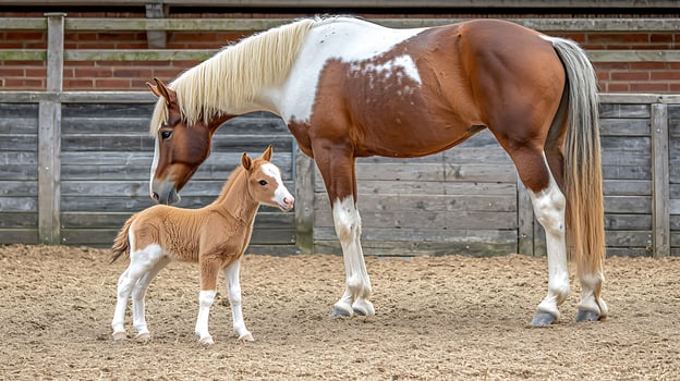 Majestic Mother Horse and Adorable Foal Together in a Paddock. photo