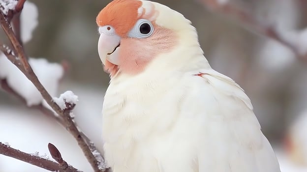 Adorable white bird with pink head perched on a snowy branch. photo