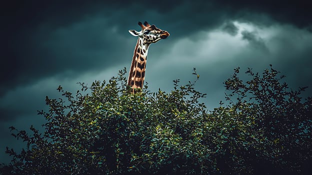 Majestic Giraffe Peeking Through Lush Green Foliage Against Dramatic Sky. photo