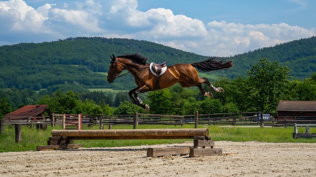 Majestic Horse Soars Over Obstacle in Rural Outdoor Arena. photo