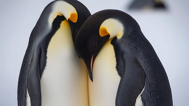 Two Emperor Penguins Huddled Together in the Cold Snow. photo