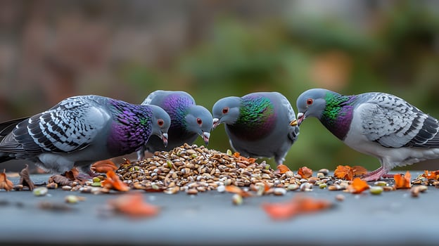 Four Pigeons Gathering to Feast on a Pile of Seeds. photo