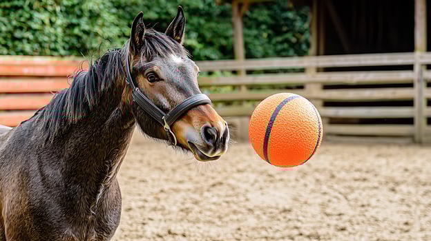 Horse curious about orange ball during training session. photo
