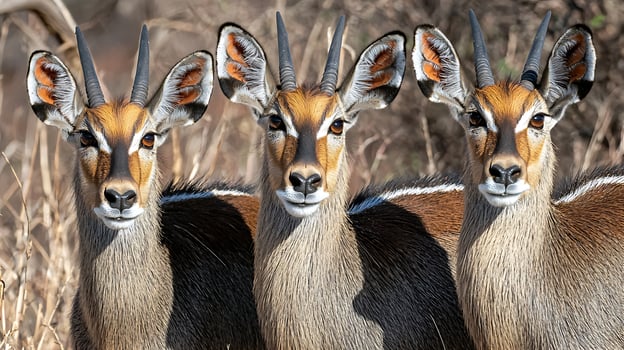 Three Antelopes With Striking Ears And Horns Looking Forward. photo
