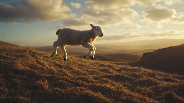 Joyful Lamb Leaps Across Grassy Hills at Golden Hour. photo